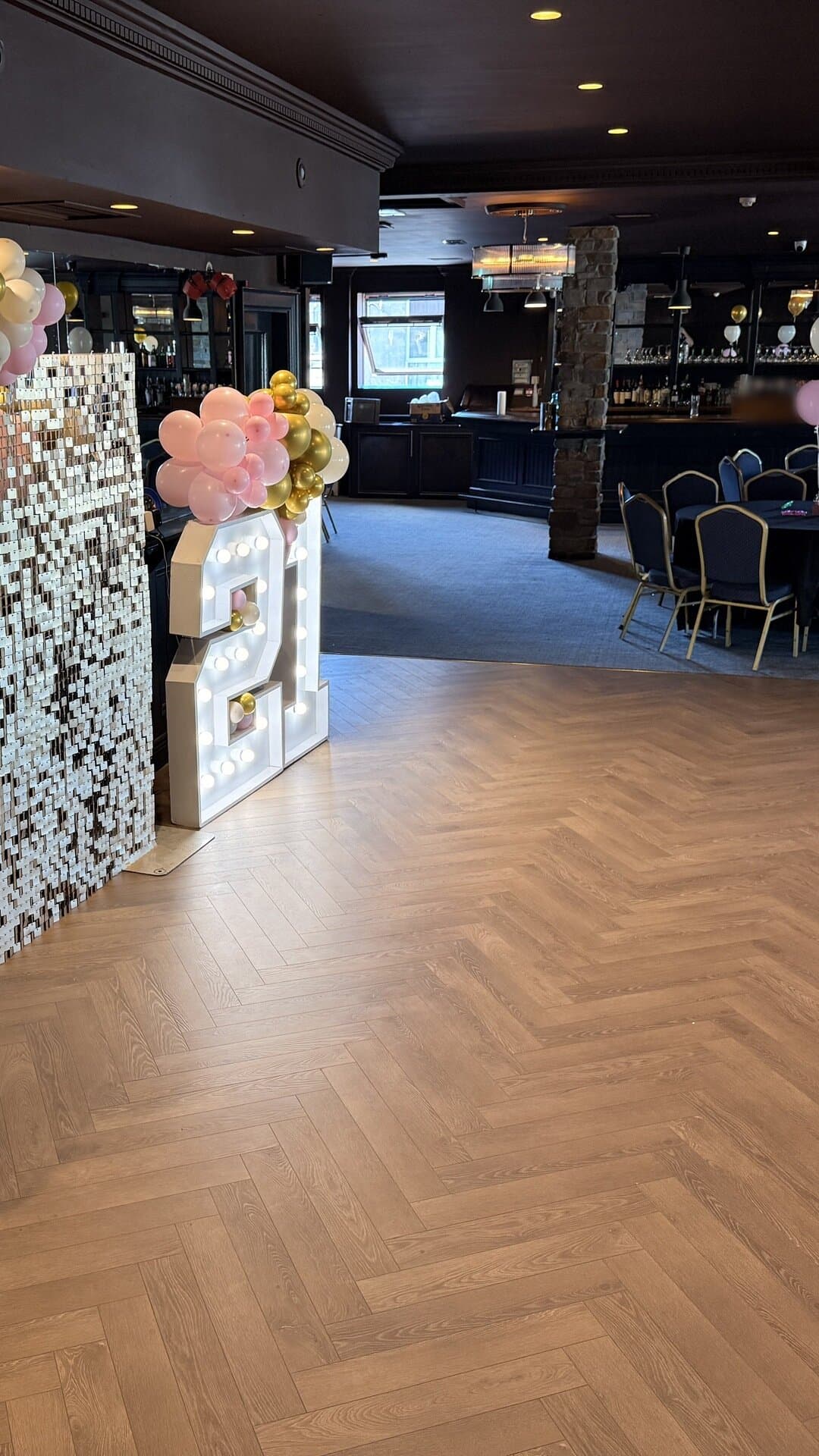 The Function Room's dance floor and bar, dressed for a 21st birthday